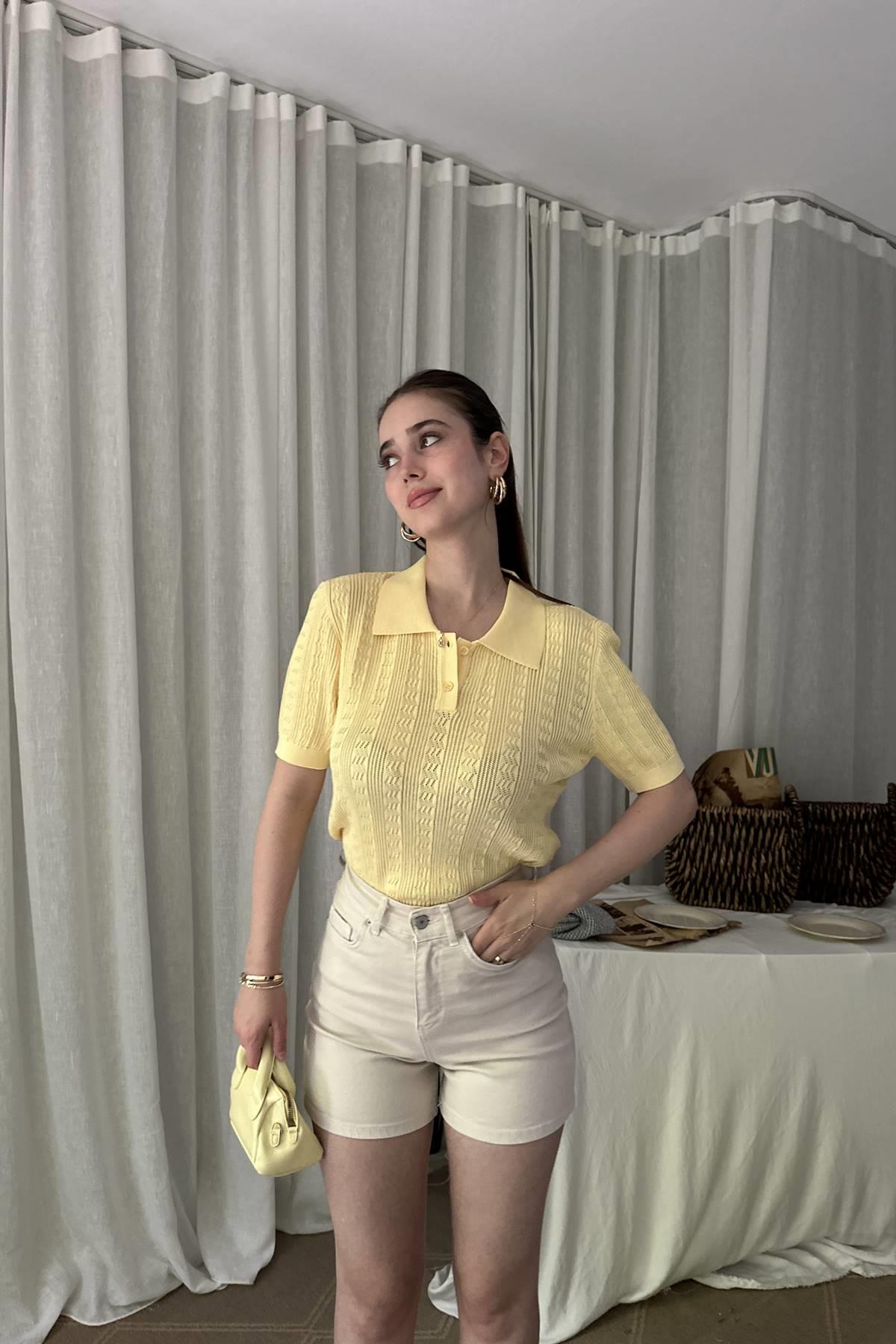 POLO YAKA DÜĞMELİ AJURLU TRIKO BLUZ