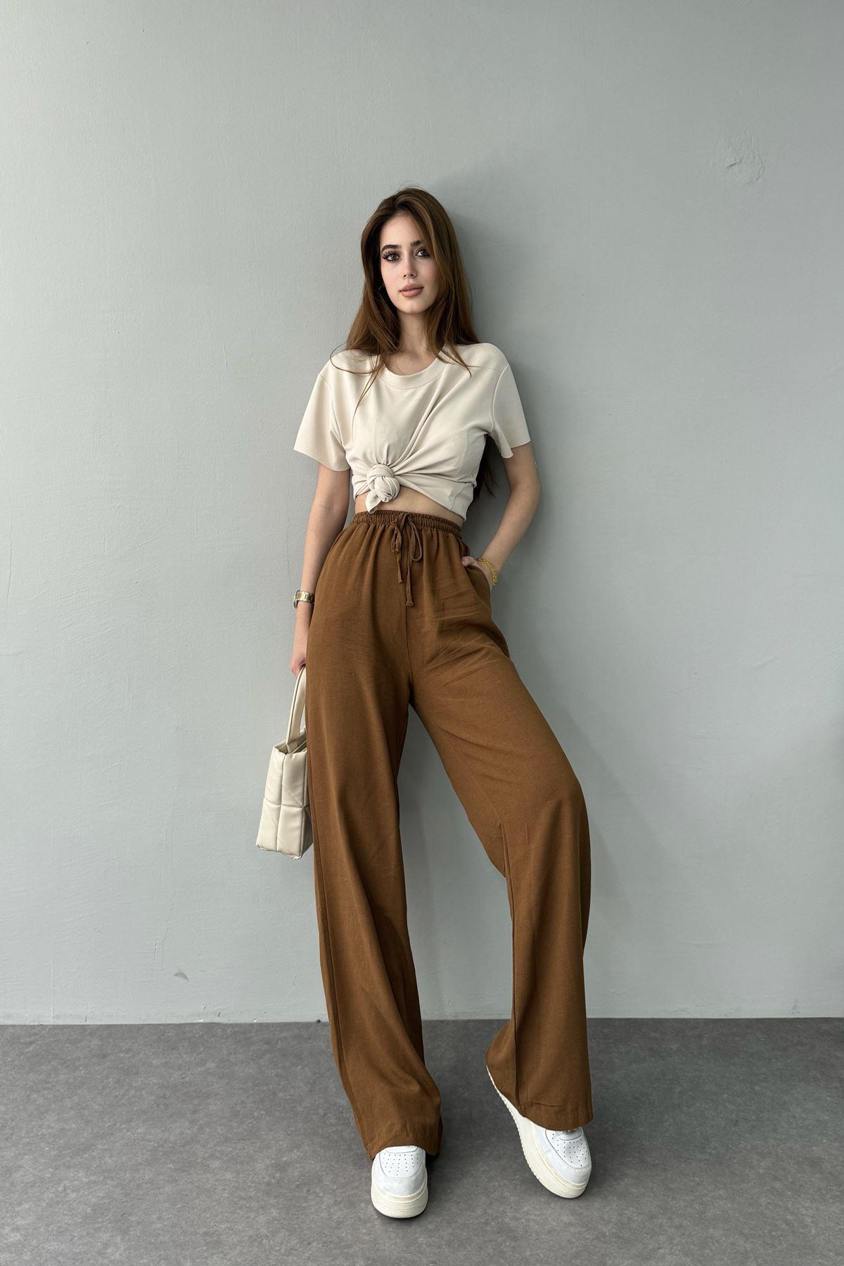 BEL LASTİKLİ KETEN PANTOLON