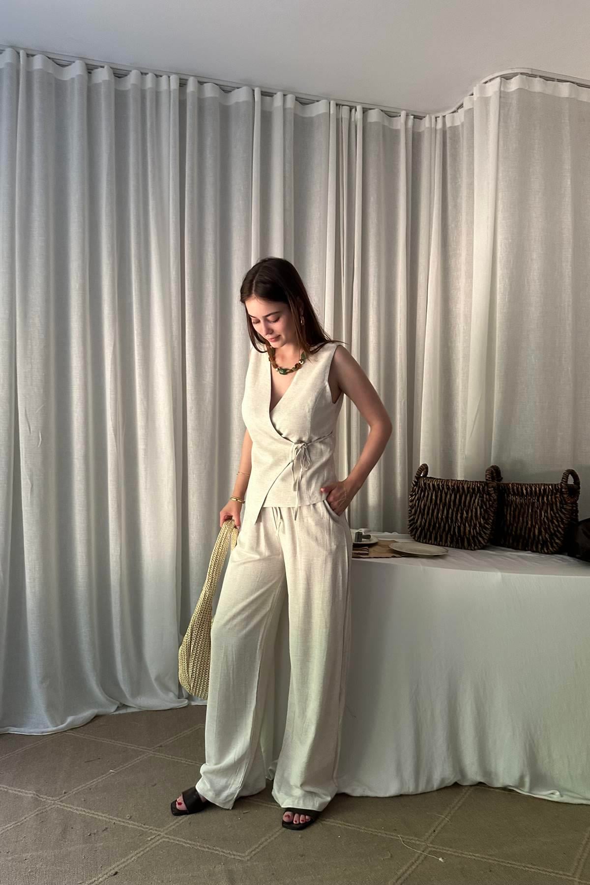 BEL LASTİKLİ KETEN PANTOLON