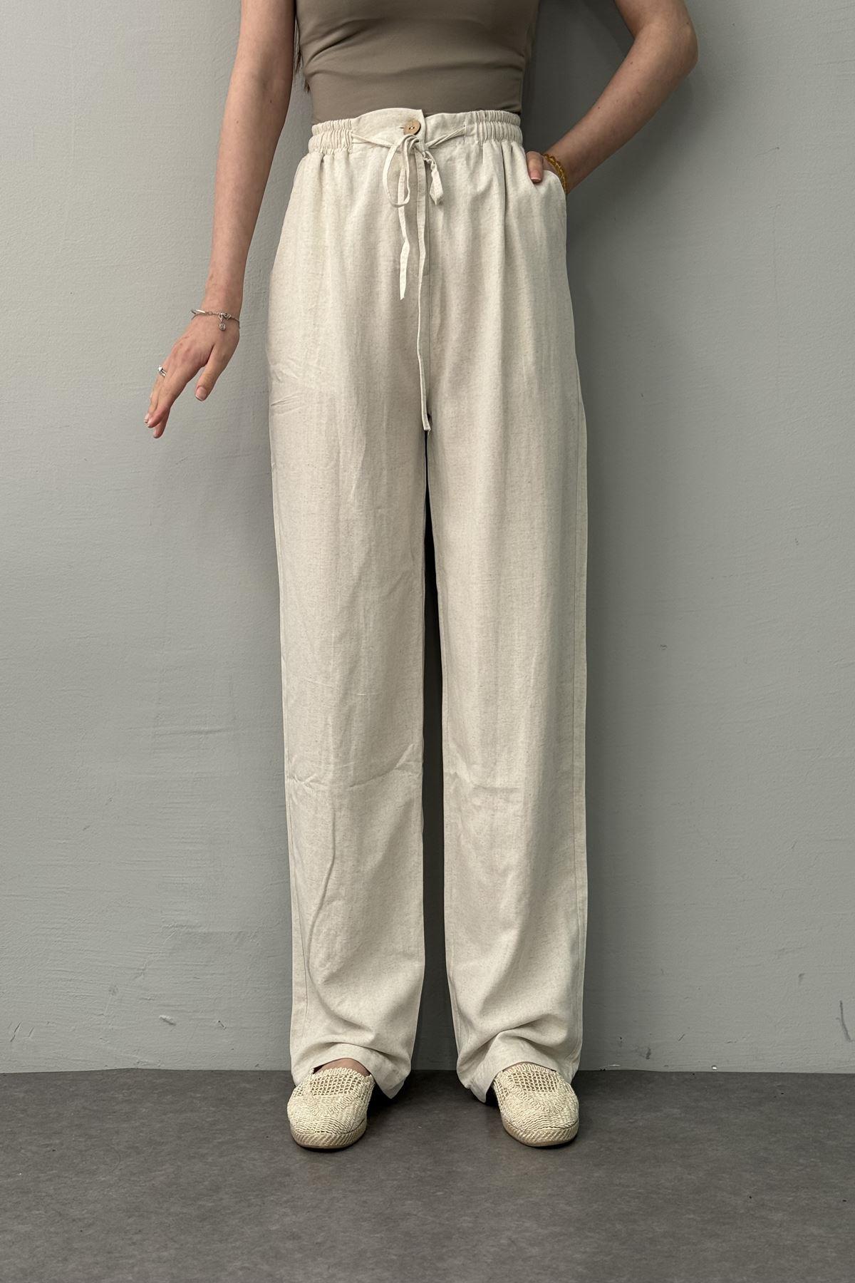 BEL LASTİKLİ KETEN PANTOLON
