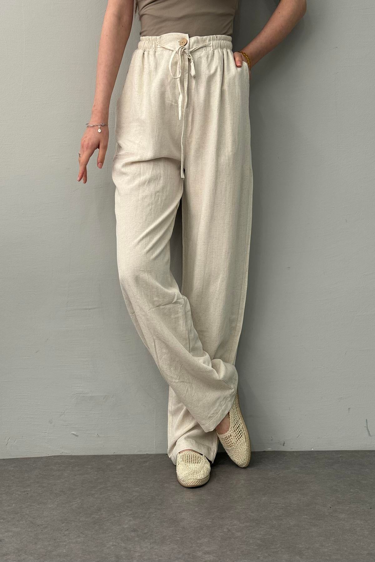 BEL LASTİKLİ KETEN PANTOLON