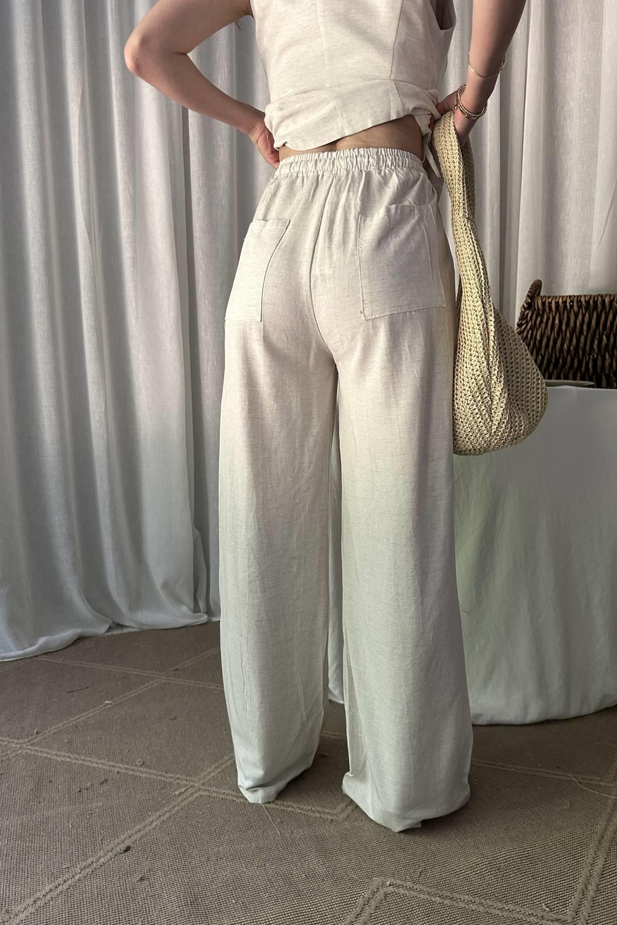 BEL LASTİKLİ KETEN PANTOLON