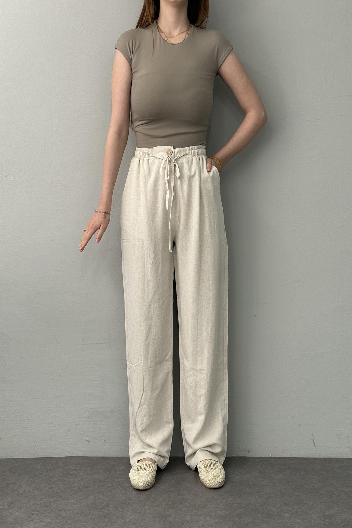BEL LASTİKLİ KETEN PANTOLON