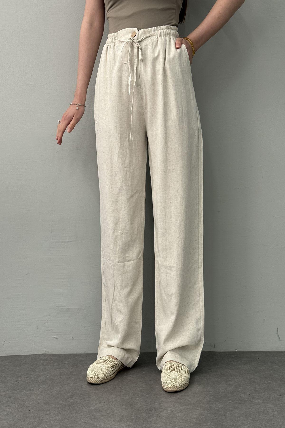 BEL LASTİKLİ KETEN PANTOLON