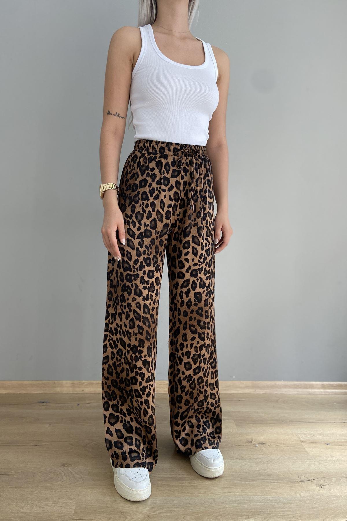 KAHVE LEOPAR DESENLİ BOL PANTOLON