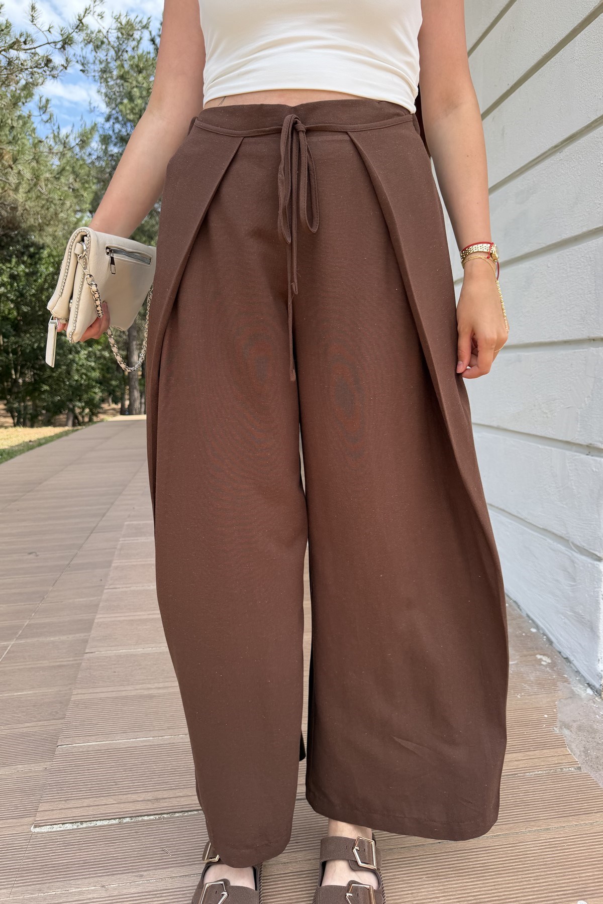 KUŞAKLI BEL BAĞLAMALI KETEN PANTOLON