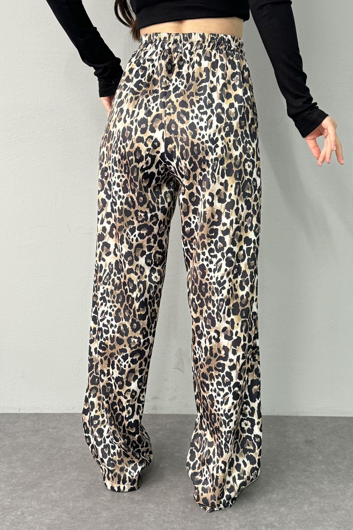 LEOPAR DESEN BEL LASTİKLİ CEPLİ SATEN PANTOLON