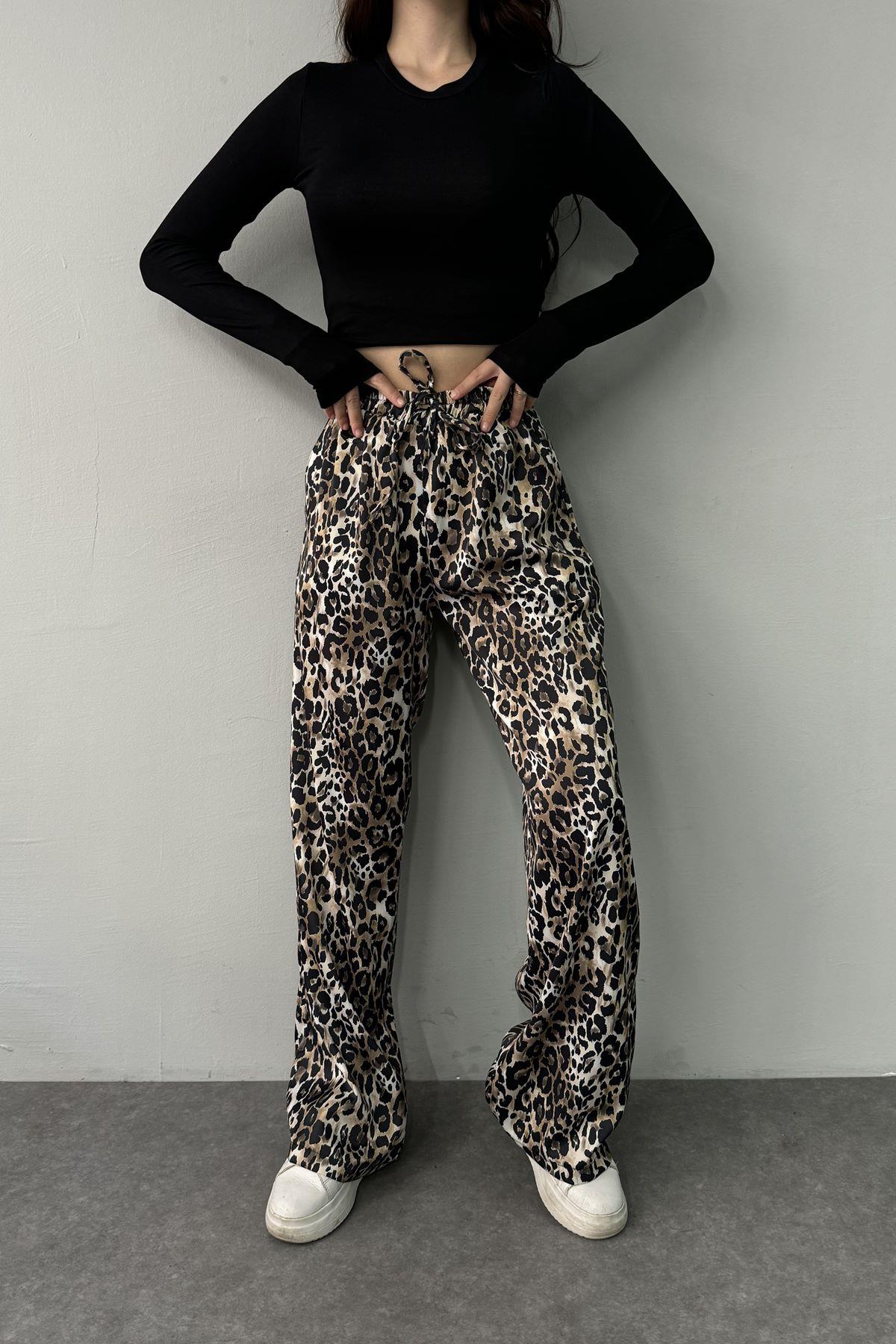 LEOPAR DESEN BEL LASTİKLİ CEPLİ SATEN PANTOLON