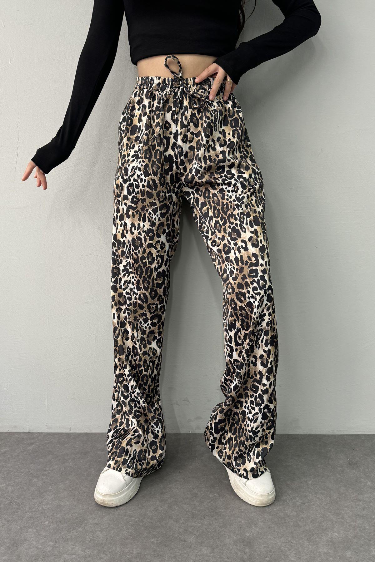 LEOPAR DESEN BEL LASTİKLİ CEPLİ SATEN PANTOLON