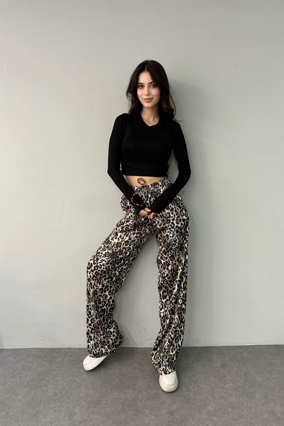LEOPAR DESEN BEL LASTİKLİ CEPLİ SATEN PANTOLON