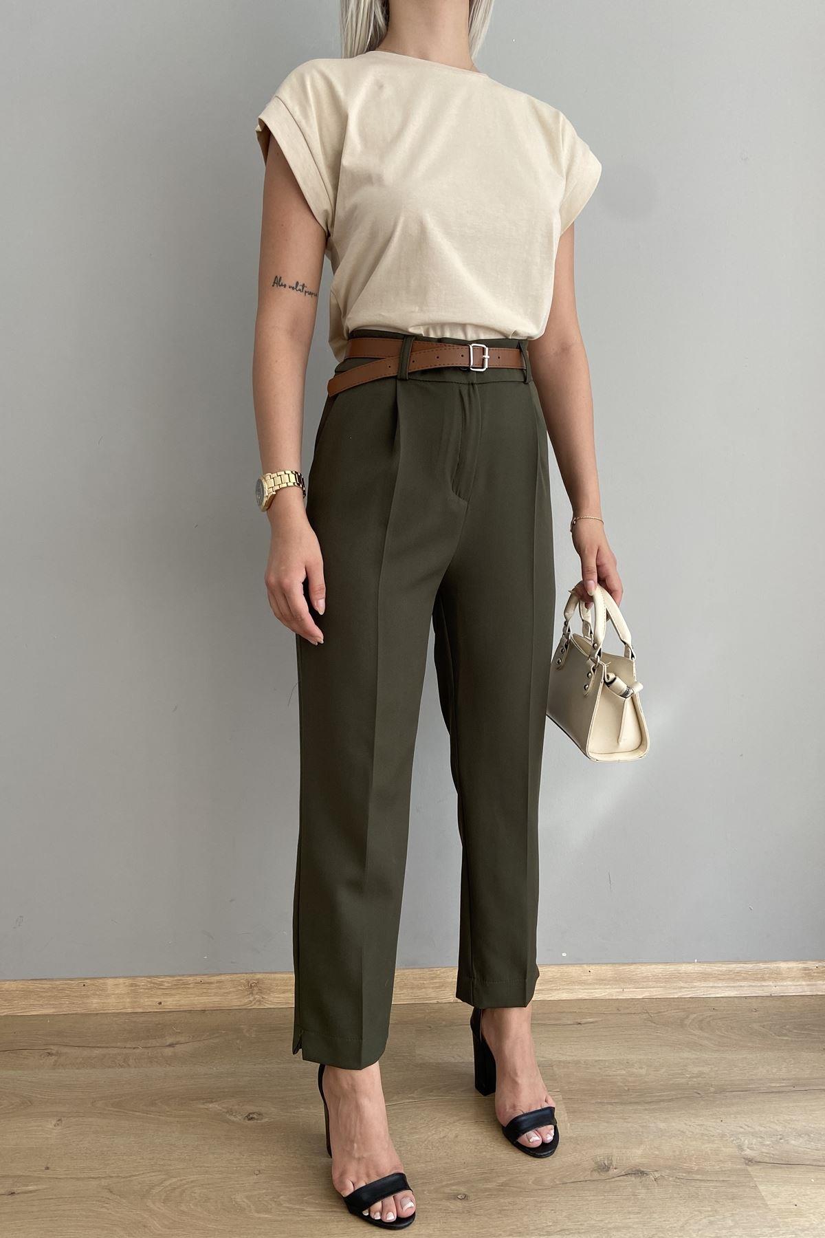 PAÇA YIRTMAÇLI KEMERLİ PANTALON