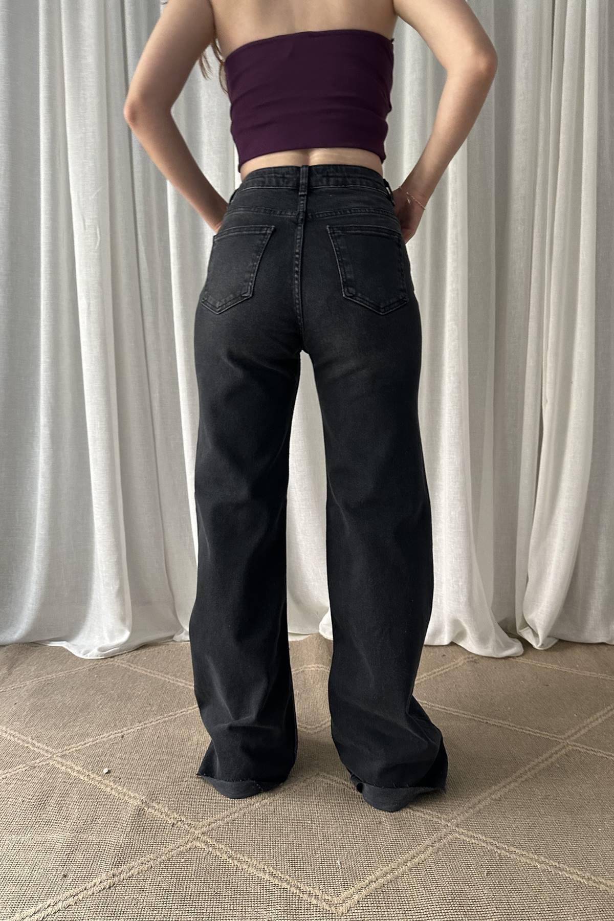 PAÇASI DİKİŞSİZ LİKRALI GENİŞ KOT PANTOLON