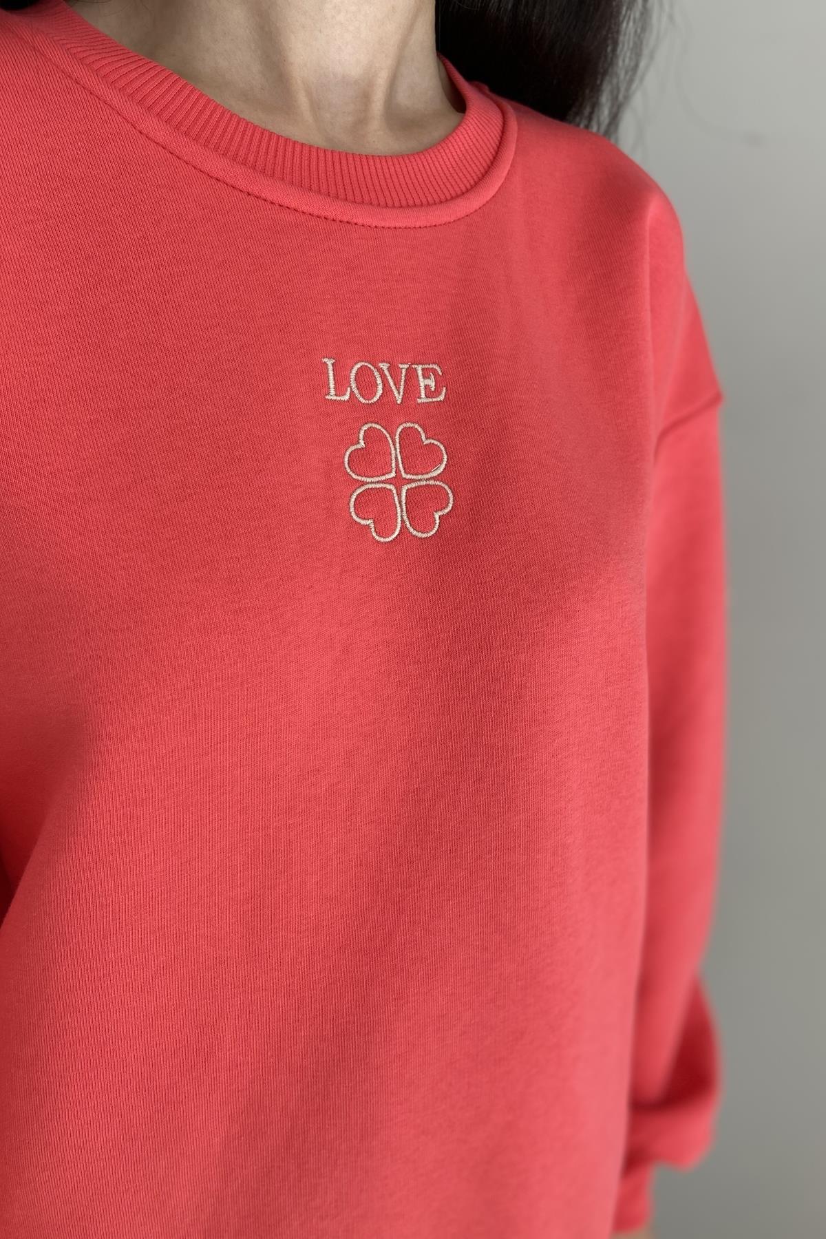 BİSİKLET YAKA BASKILI NAKIŞ DETAY SWEATSHIRT