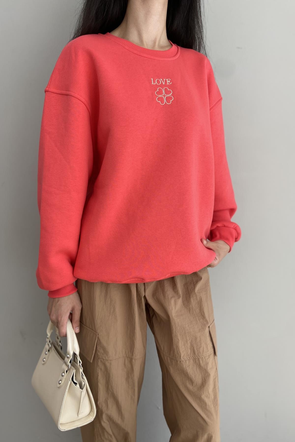 BİSİKLET YAKA BASKILI NAKIŞ DETAY SWEATSHIRT