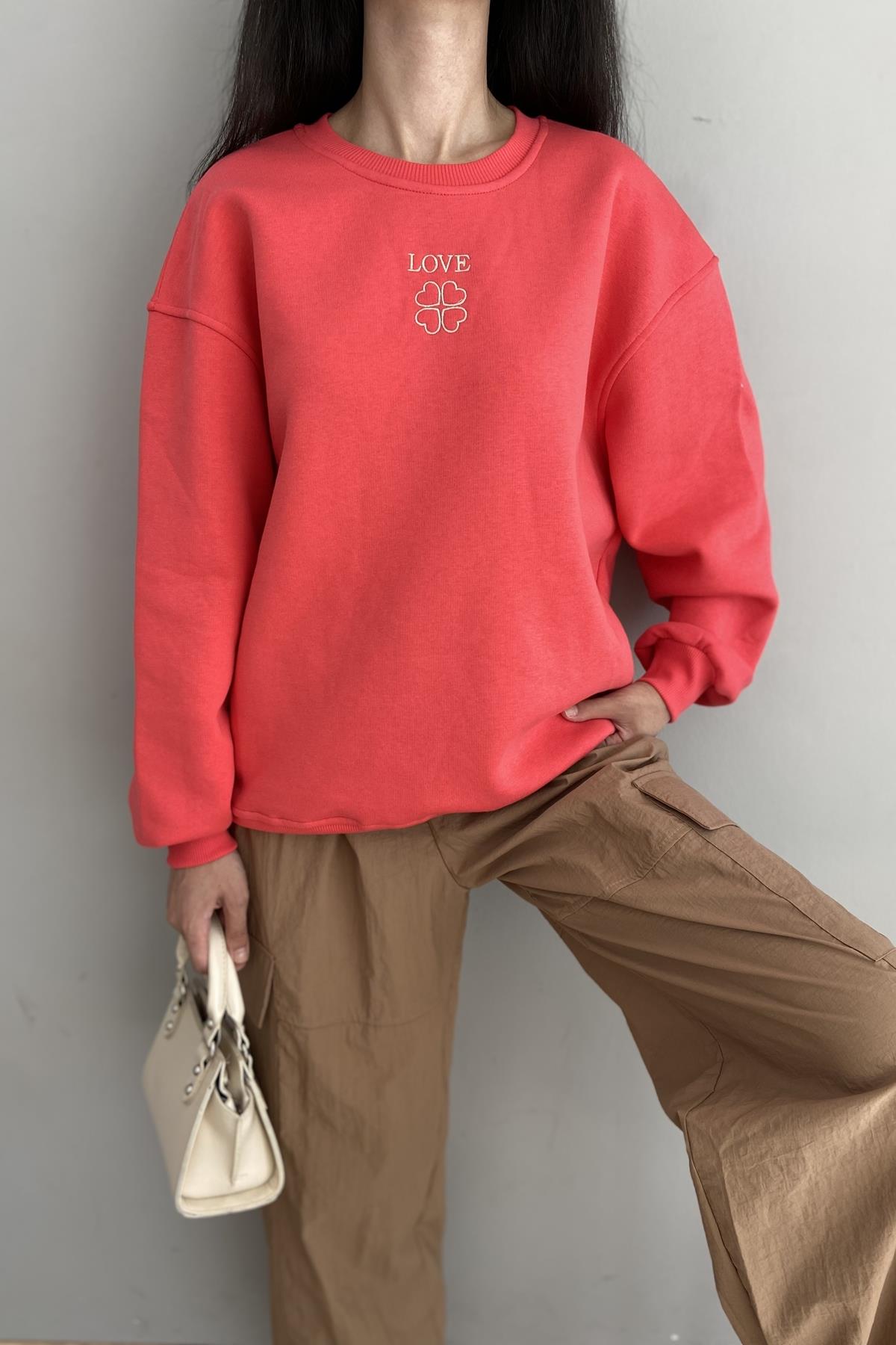 BİSİKLET YAKA BASKILI NAKIŞ DETAY SWEATSHIRT