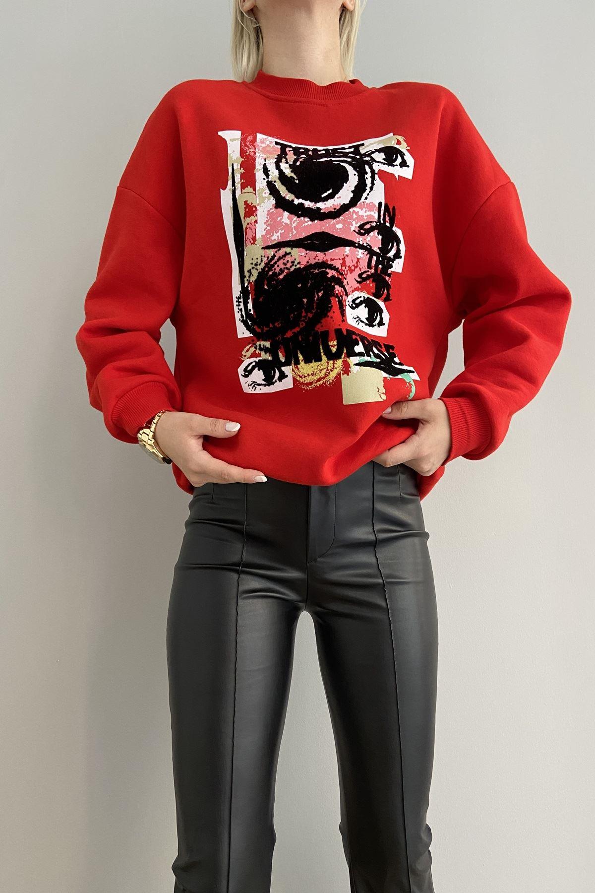 BİSİKLET YAKA ÖNÜ BASKILI OVERSİZE SWEAT