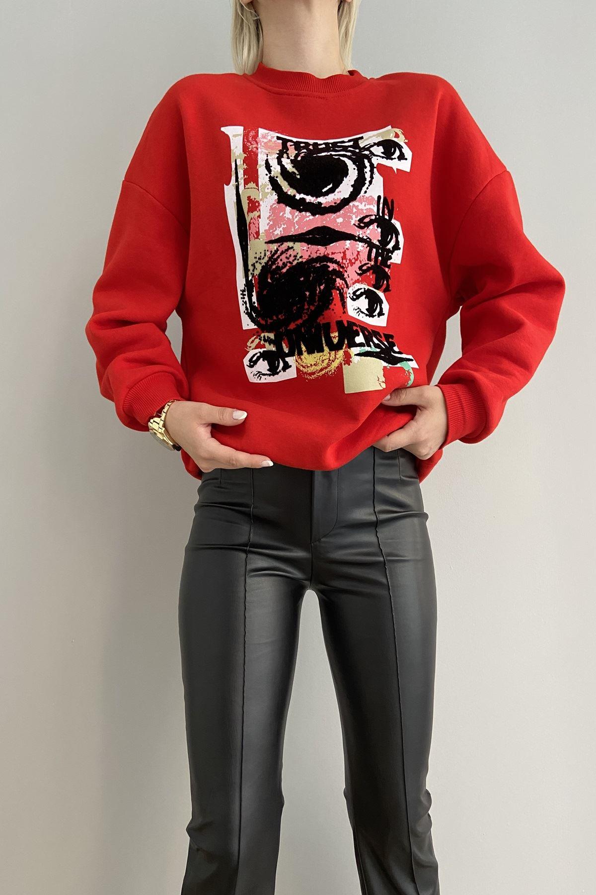 BİSİKLET YAKA ÖNÜ BASKILI OVERSİZE SWEAT