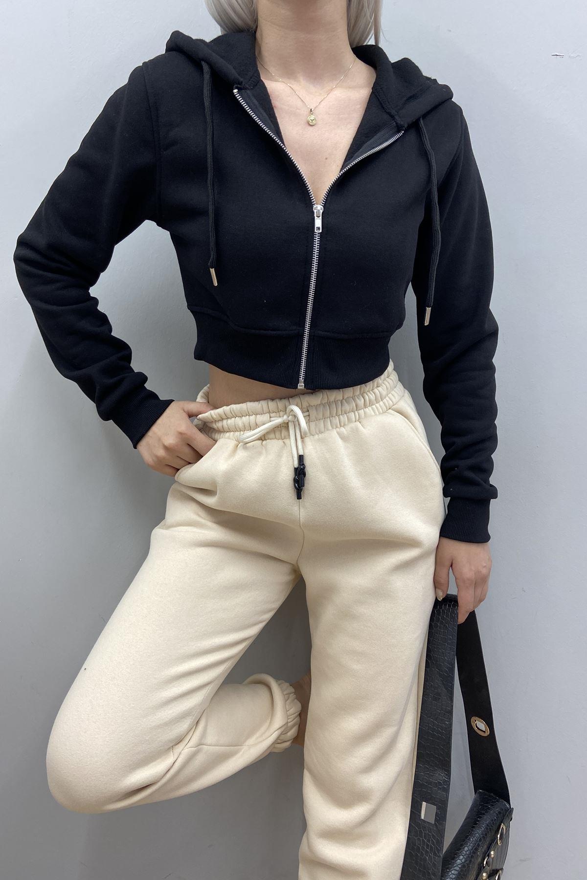 KAPŞONLU CROP FERMUARLI SWETSHIRT