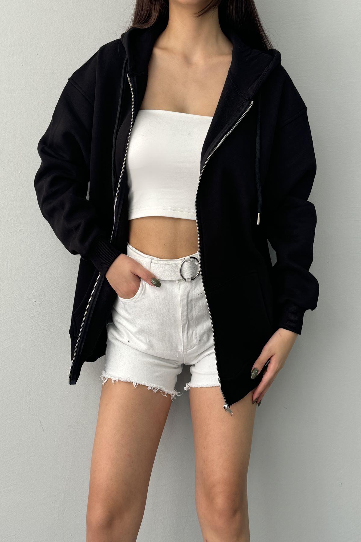 KAPŞONLU FERMUARLI OVERSİZE SWEATSHIRT