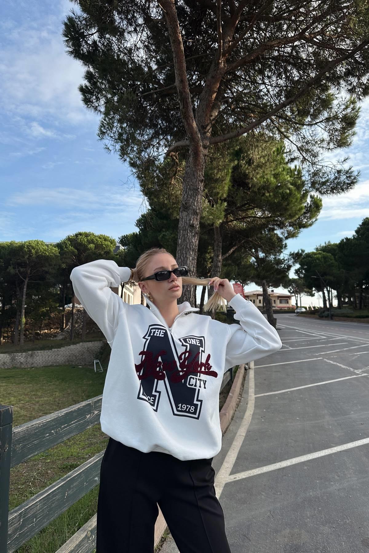 NEWYORK BASKILI YARIM FERMUARLI SWEATSHIRT