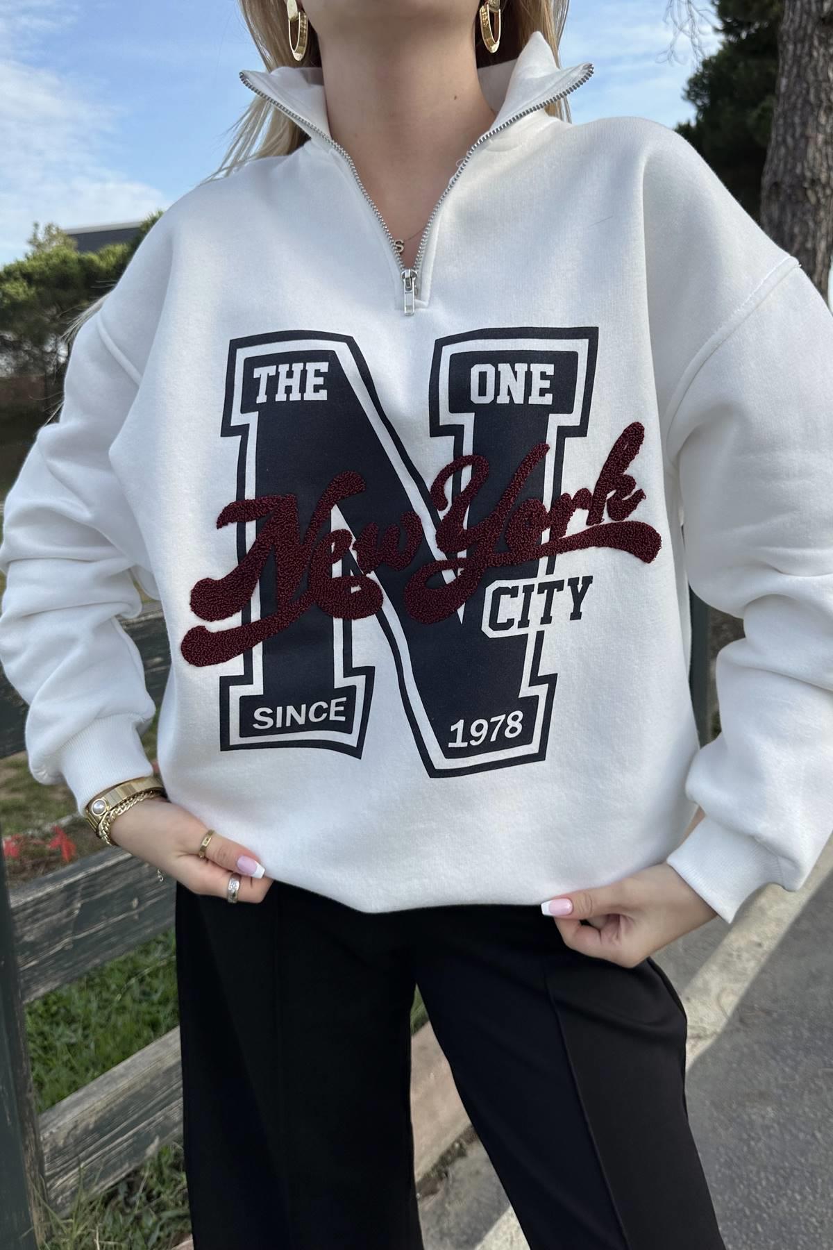 NEWYORK BASKILI YARIM FERMUARLI SWEATSHIRT