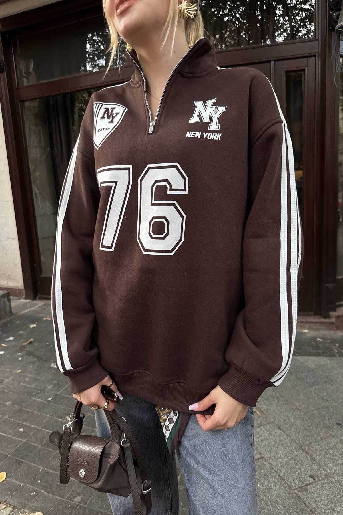NY 76 NAKIŞ DETAYLI YARIM FERMUARLI SWEATSHIRT