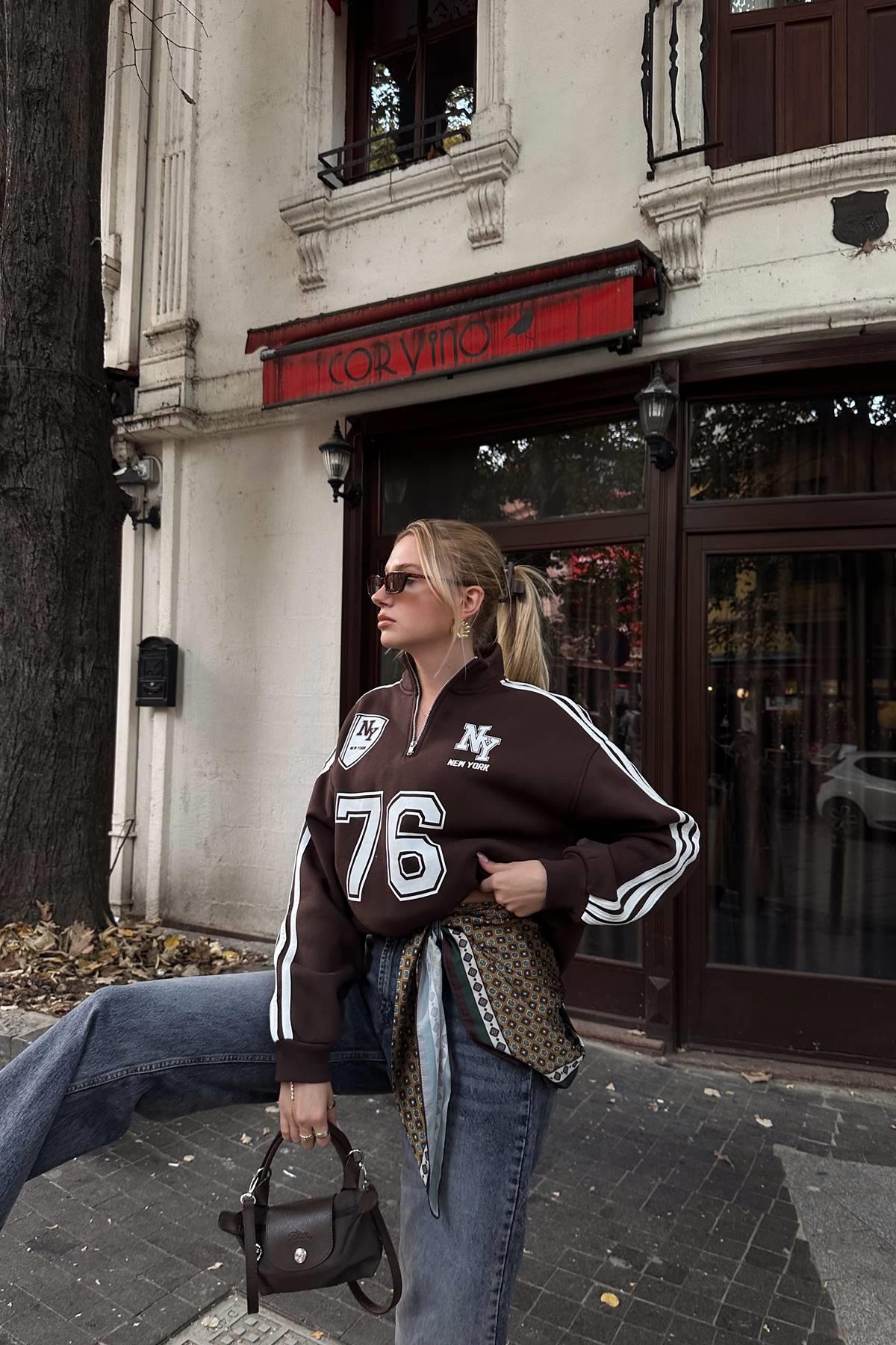 NY 76 NAKIŞ DETAYLI YARIM FERMUARLI SWEATSHIRT