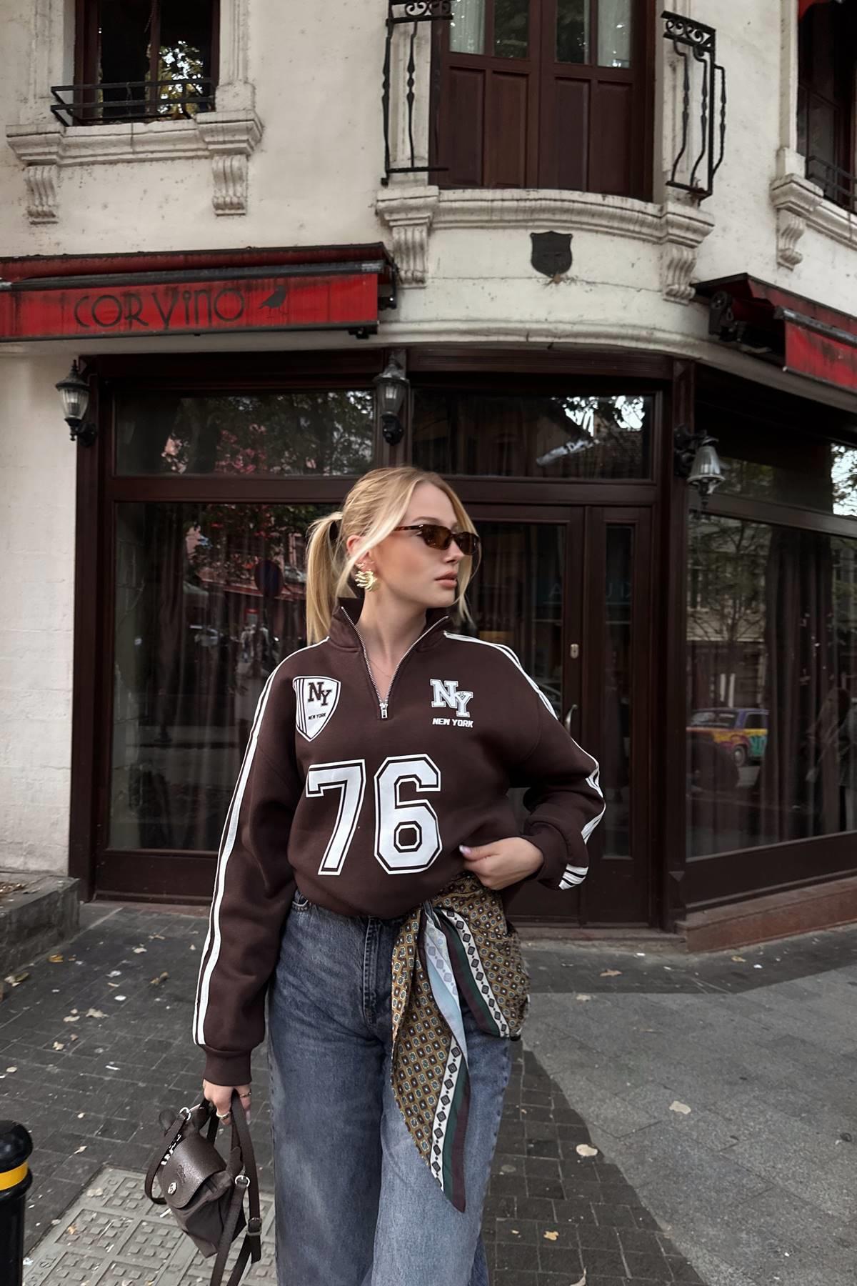 NY 76 NAKIŞ DETAYLI YARIM FERMUARLI SWEATSHIRT