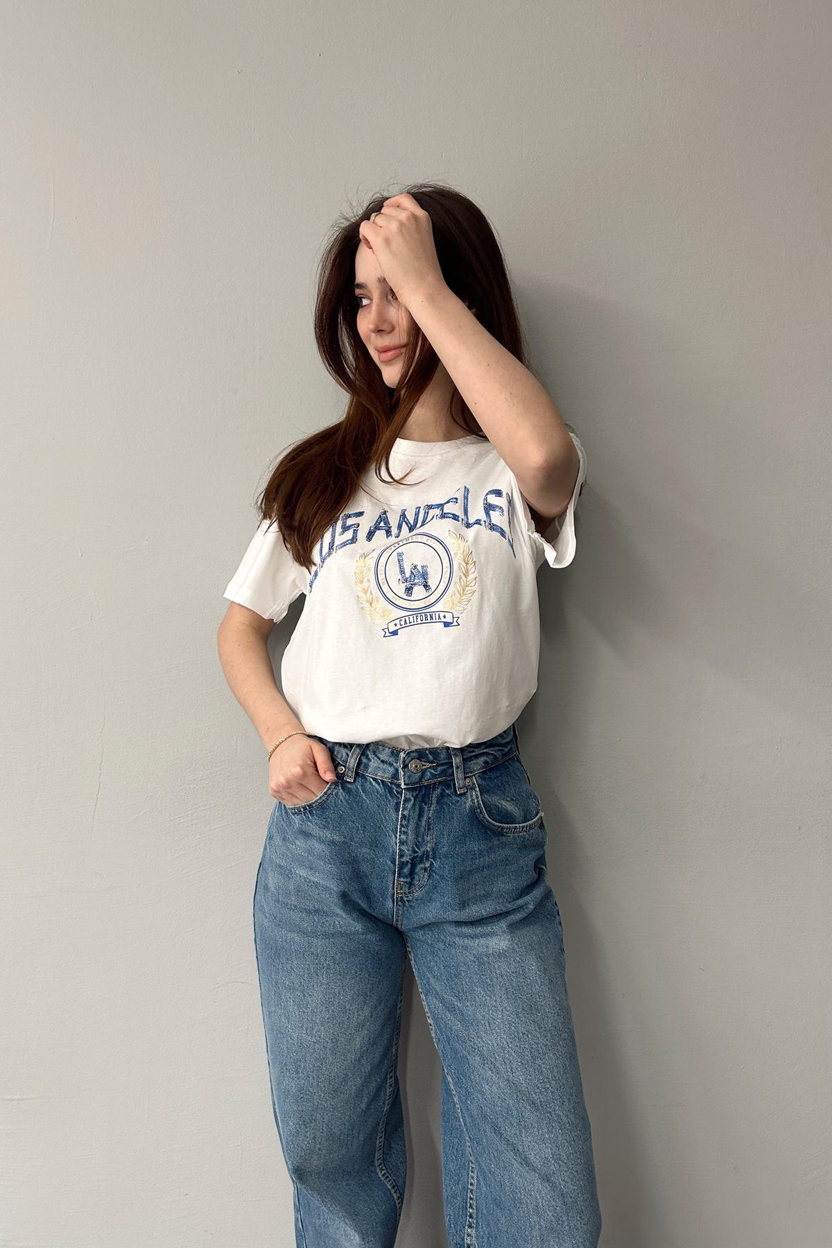 BİSİKLET YAKA LOS ANGELES BASKI TSHIRT