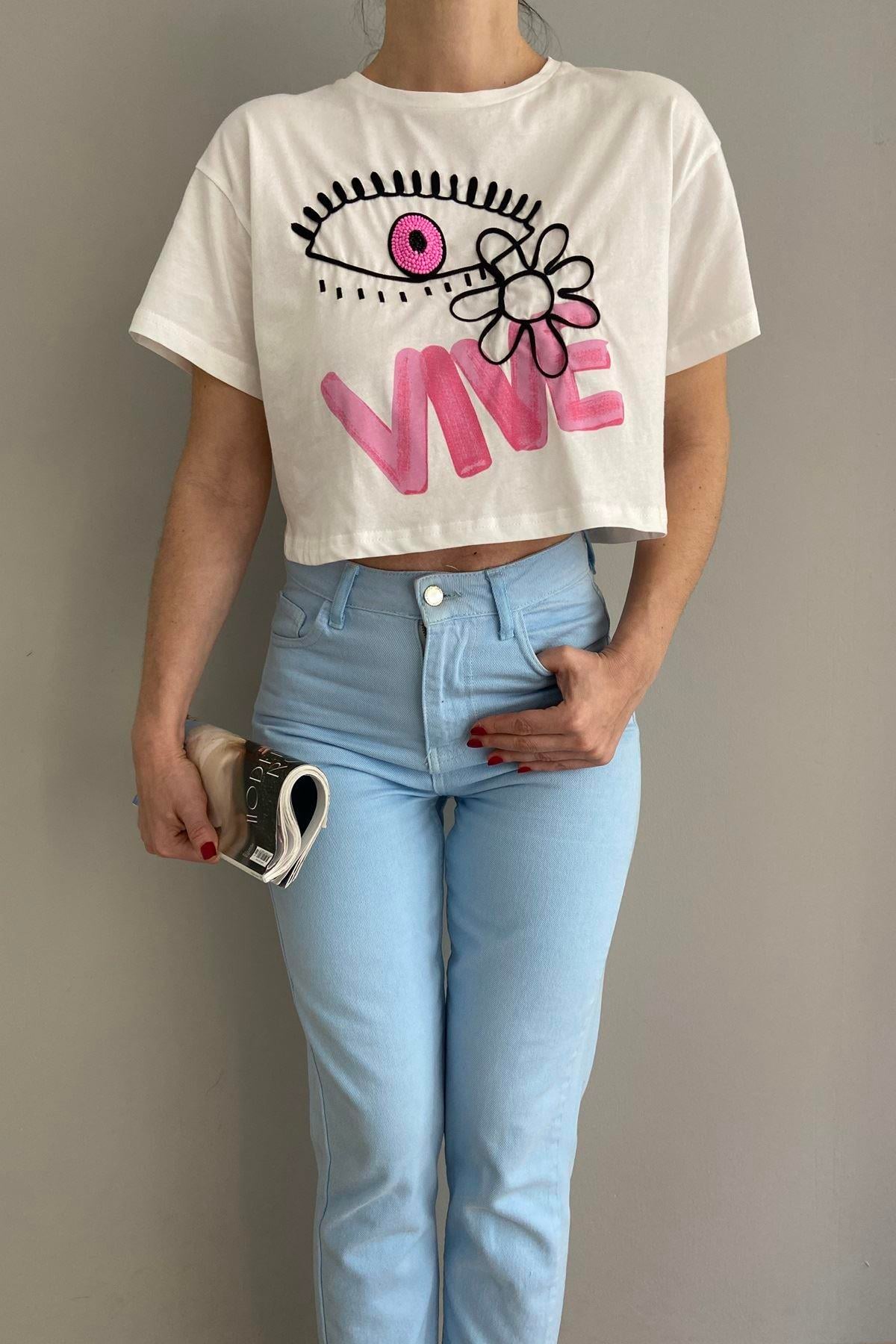 CROP NAKIŞLI TSHIRT