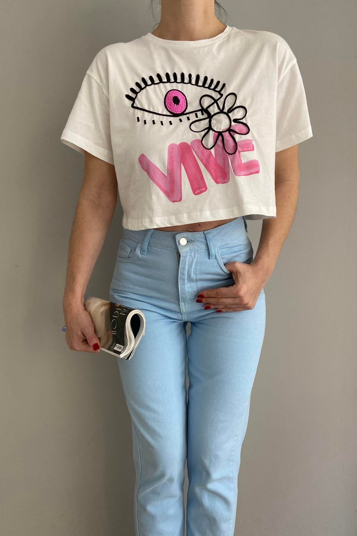 CROP NAKIŞLI TSHIRT