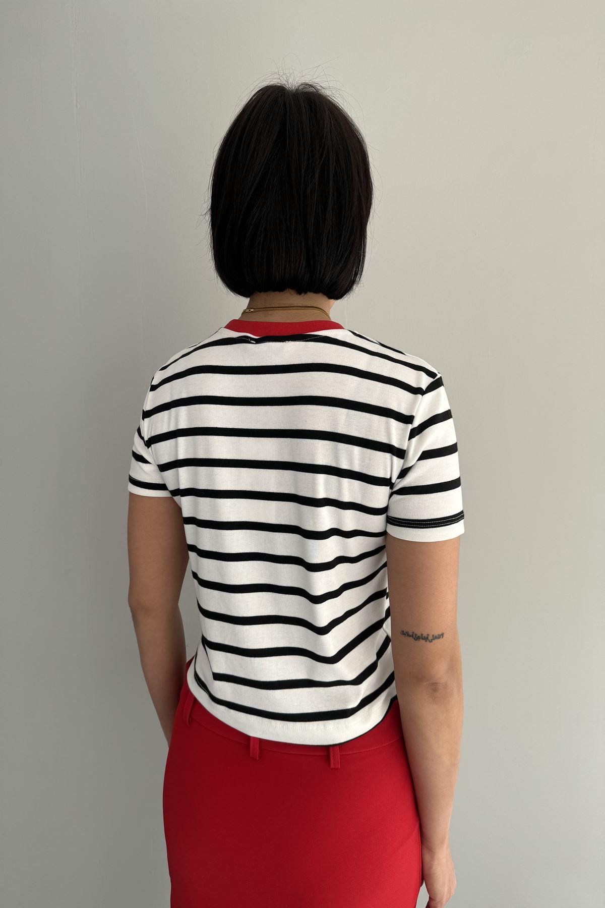 KALP NAKIŞLI ÇİZGİLİ CROP TSHIRT