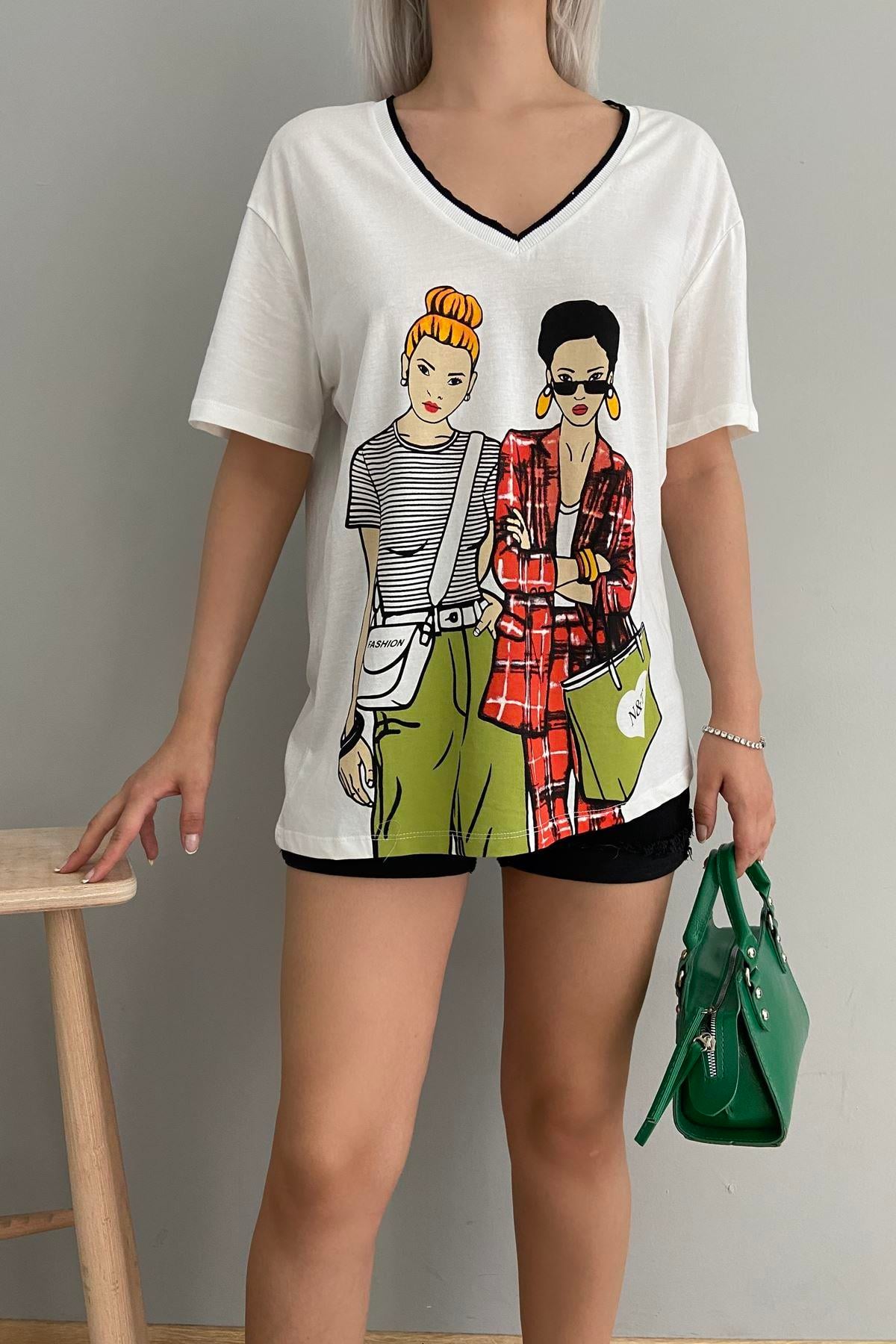 KIZ BASKILI V YAKA TSHIRT