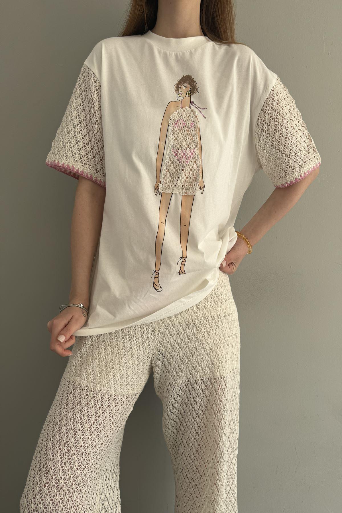 ÖRGÜ KUMAŞ MATCHLİ BASKILI TSHIRT