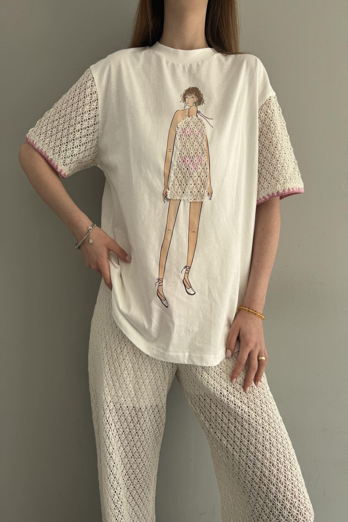 ÖRGÜ KUMAŞ MATCHLİ BASKILI TSHIRT