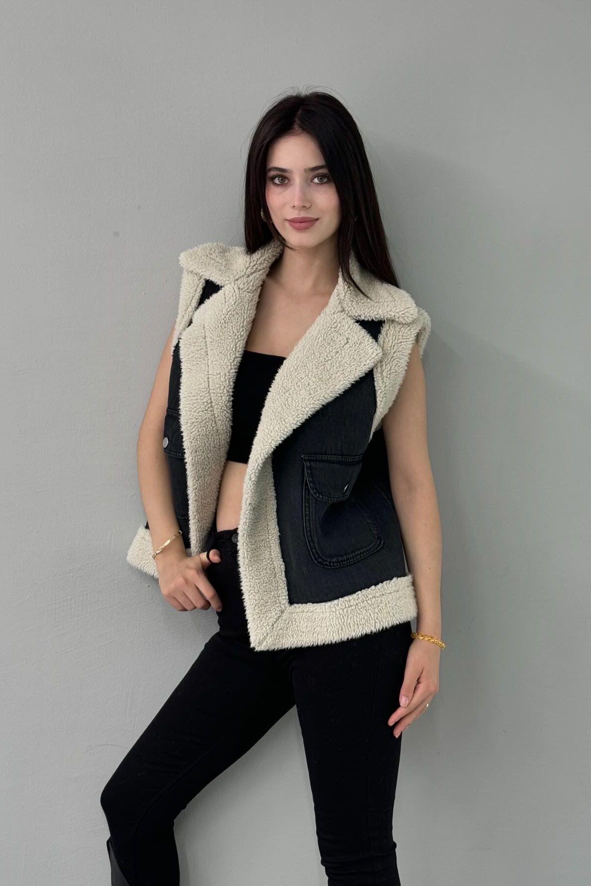 İÇİ KÜRK DETAYLI KOT YELEK