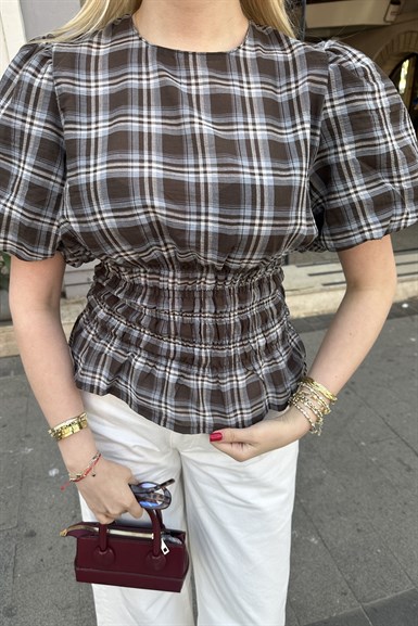 EKOSE DESEN BELİ LASTİKLİ BLUZ