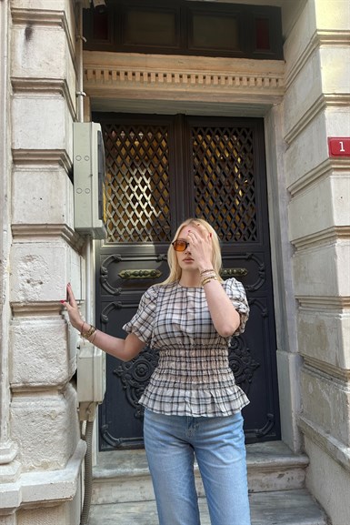 EKOSE DESEN BELİ LASTİKLİ BLUZ