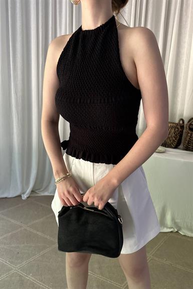 HALTER BAĞLAMALI YAKA FIRFIR DOKULU TRIKO BLUZ