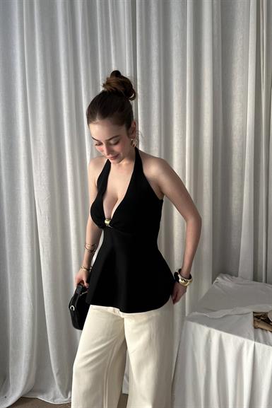 HALTER YAKA METAL DETAYLI PEPLUM TRIKO BLUZ