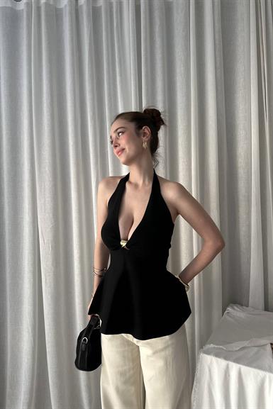 HALTER YAKA METAL DETAYLI PEPLUM TRIKO BLUZ