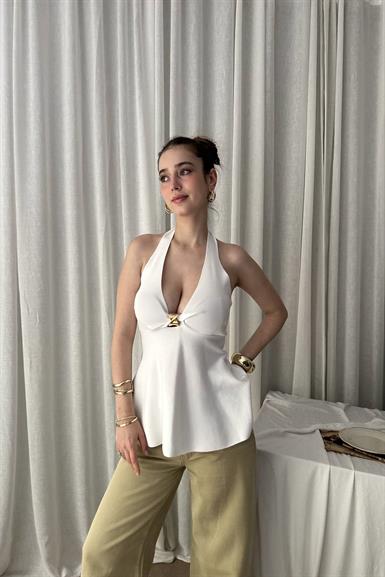 HALTER YAKA METAL DETAYLI PEPLUM TRIKO BLUZ