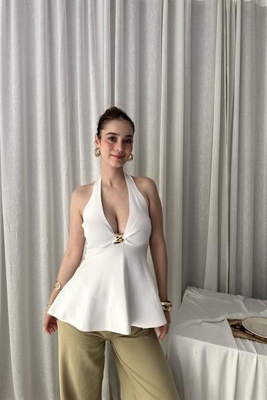 HALTER YAKA METAL DETAYLI PEPLUM TRIKO BLUZ