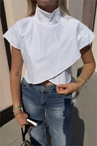 POPLİN CROP OMUZ DÜĞME DETAY BLUZ