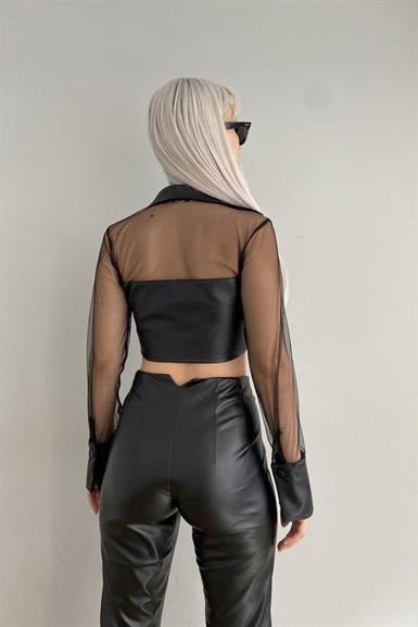 TÜL VE DERİ DETAYLI BLUZ