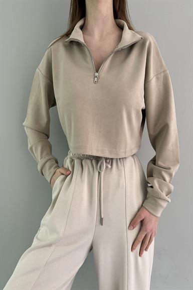 YARIM FERMUARLI DİK YAKA MODAL CROP
