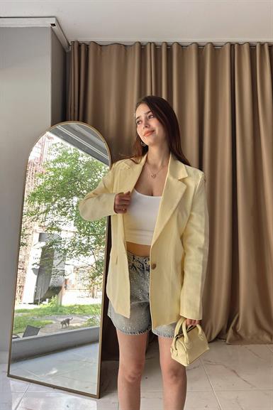 ÇİZGİLİ ASTAR DETAYLI KETEN CEKET