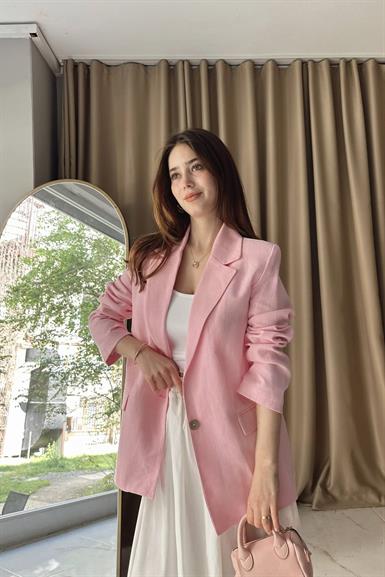 ÇİZGİLİ ASTAR DETAYLI KETEN CEKET