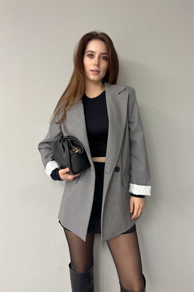 İKİ DÜĞME KRUVAZE YAKA ÇİZGİLİ ASTARLI CEKET