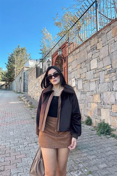 ÖN FERMUARLI DERİ DETAYLI KÜEK CEKET